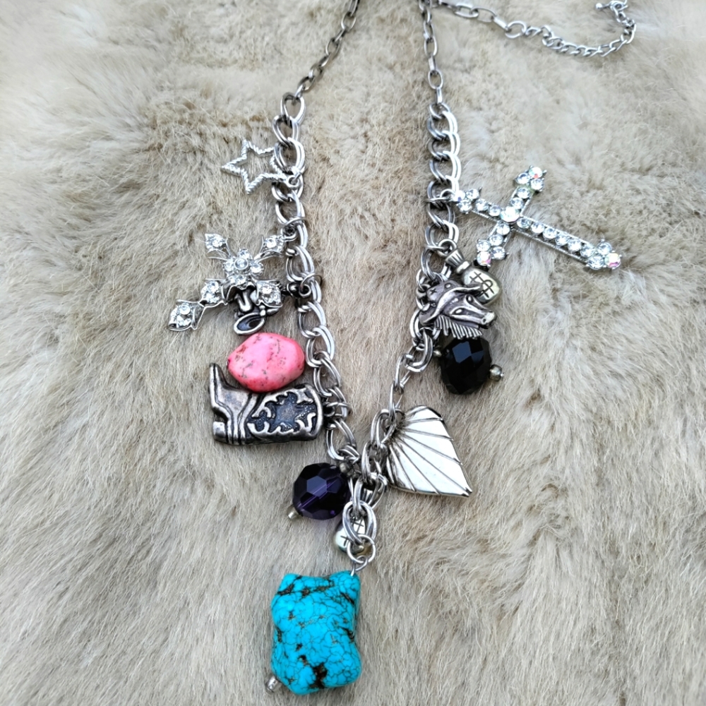 ❗last call Clearance- charm necklace with cross, star, cowboy boot, rhinestone